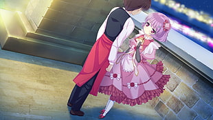 purple hair girl in pink dress in front of man in white dress shirt and black pants anime characters