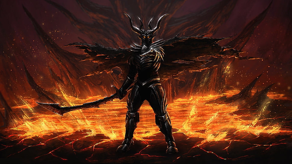 demon with four horns wielding sword near lava ground wallpaper HD wallpaper