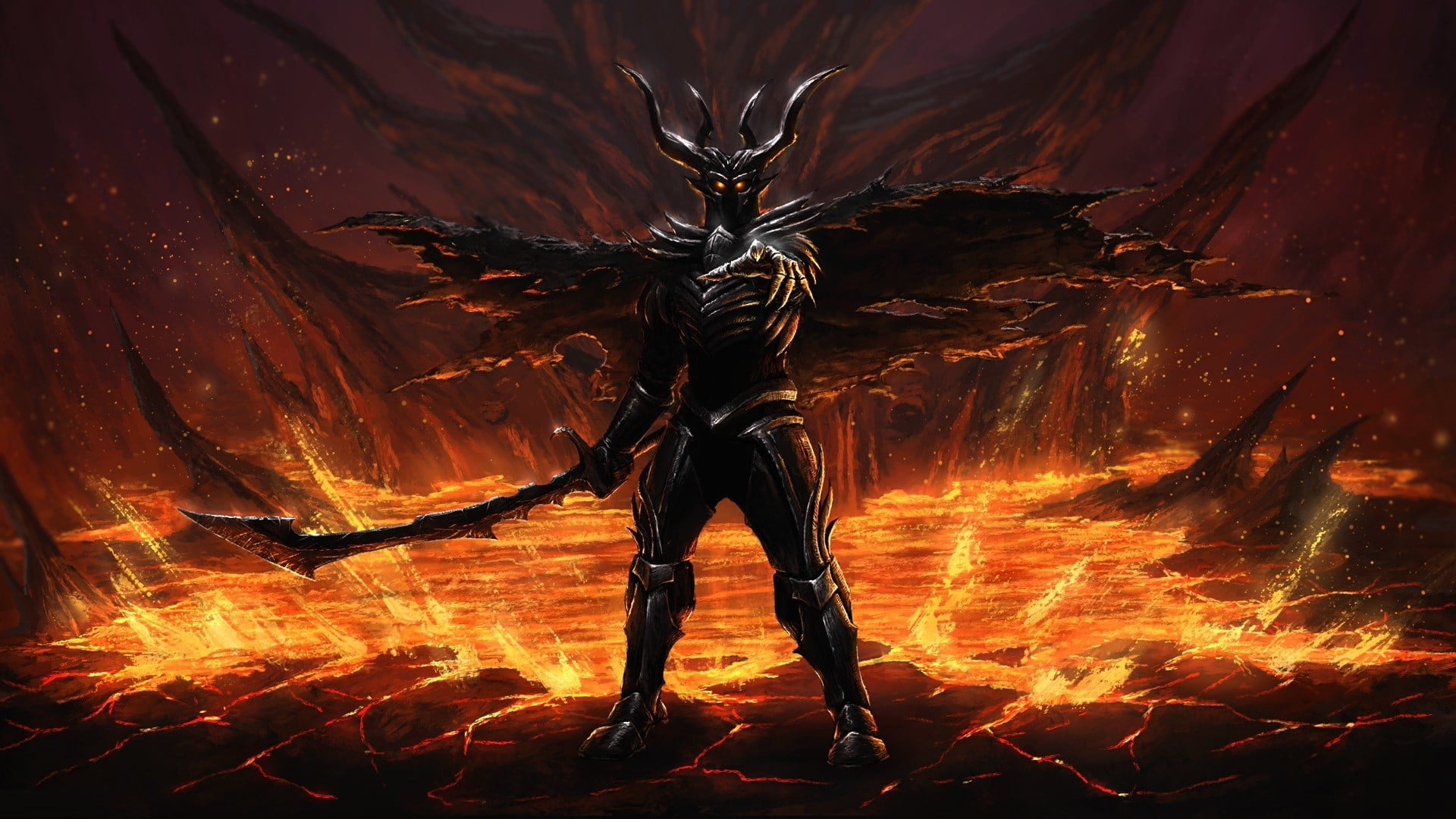 demon with four horns wielding sword near lava ground wallpaper
