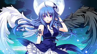 blue haired anime character wearing blue halterneck dress digital wallpaper, anime, wings, Moon HD wallpaper
