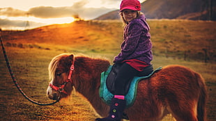 girl wearing purple jacket riding on horse