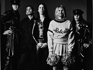 grayscale photo of group of people, Nirvana, Kurt Cobain, Dave Grohl, Krist Novoselic