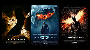 three Batman movie DVD cases, Trilogy, The Dark Knight, The Dark Knight Rises, Batman Begins