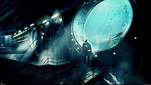 person standing beside a window digital art, cyberpunk, futuristic, water, fish