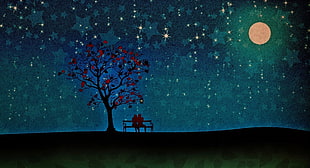couple sitting on bench beside tree during nighttime painting