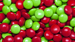 pile of red and green coated chocolates, candies, sweets, red, green