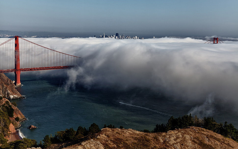 red suspension bridge, bridge, clouds, Golden Gate Bridge, city HD wallpaper