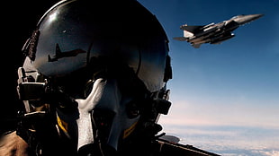 gray fighter jet, pilot, jet fighter, reflection, clouds