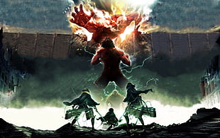 Attack on Titan anime illustration, Shingeki no Kyojin, Eren Jeager, Mikasa Ackerman, Armin Arlert