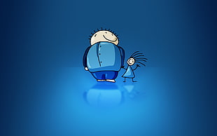 man in blue shirt and toddler in blue dress illustration HD wallpaper