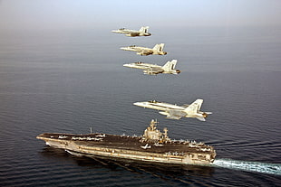 four gray fighter planes, aircraft, aircraft carrier, McDonnell Douglas F/A-18 Hornet