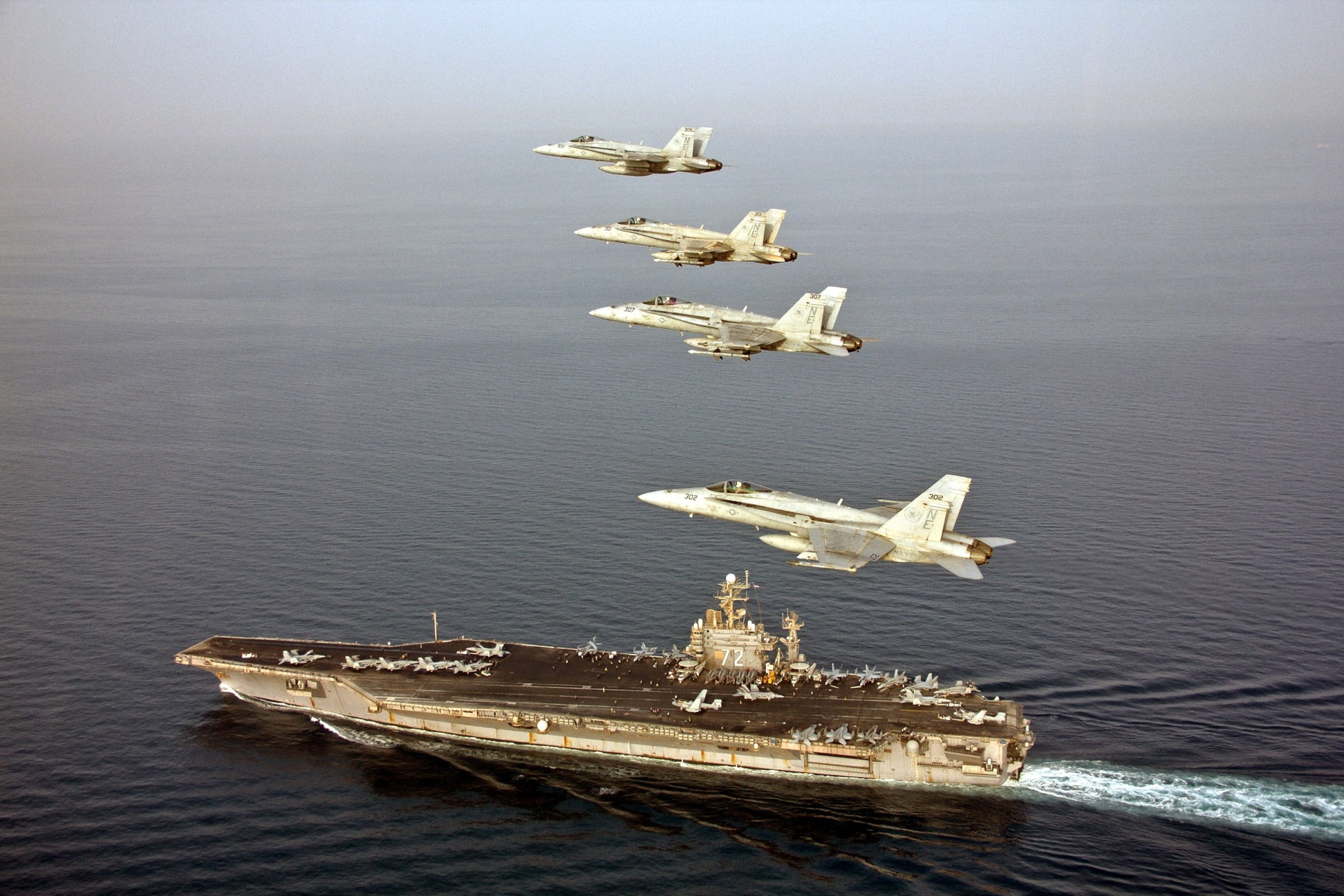 four gray fighter planes, aircraft, aircraft carrier, McDonnell Douglas F/A-18 Hornet