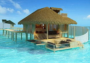 beige wooden beach house, Maldives, resort, sea, Madives Paradise HD wallpaper