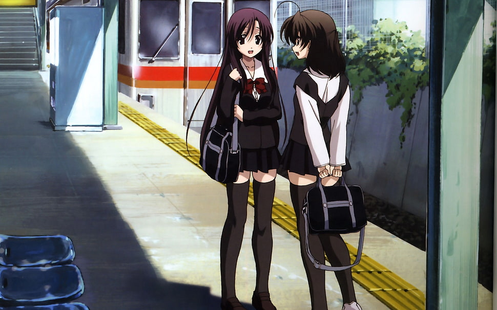 two female anime characters standing in train station HD wallpaper