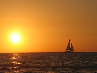 silhouette of sailing boat during golden hour HD wallpaper