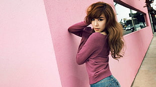 women's pink scoop-neck sweatshirt, SNSD, Girls' Generation, Asian, model