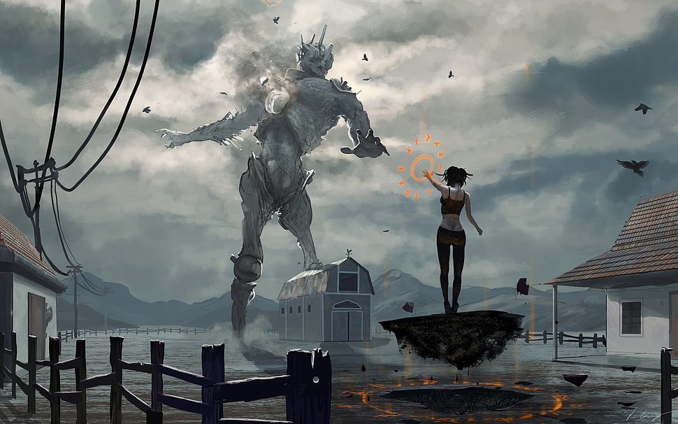woman standing near house and body of water illustration, fantasy art, giant, artwork, women HD wallpaper