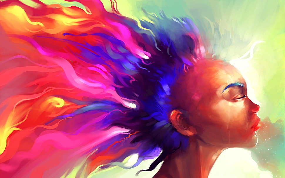 woman in blue and pink hair painting HD wallpaper