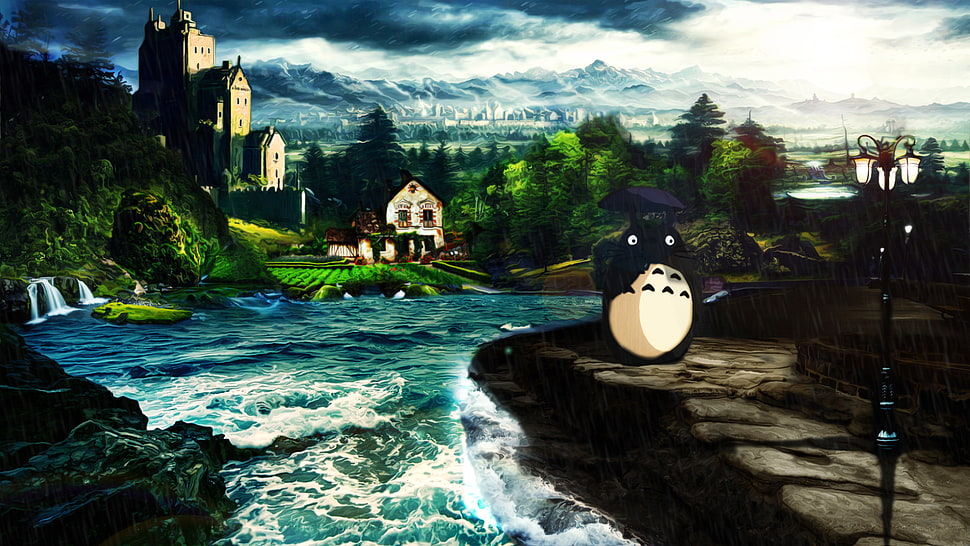 painting of white concrete house, Totoro, Studio Ghibli, digital art, Photoshop HD wallpaper
