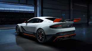 white, black, and orange sports car, Aston Martin Vantage GT3, car, garages HD wallpaper