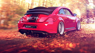 red coupe, car, red cars, motion blur, Volkswagen