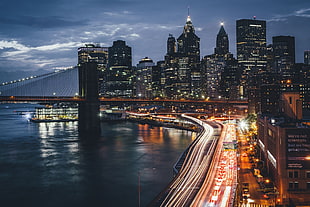 Brooklyn Bridge, USA, city, New York City, night HD wallpaper