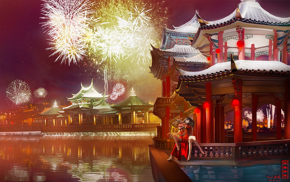 red and white pagoda painting, Mahou Shoujo Madoka Magica, Kaname Madoka, fireworks, traditional clothing HD wallpaper