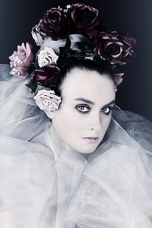 closeup photo of woman with artificial rose headdress HD wallpaper