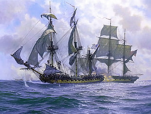 two gray galleon painting, rigging (ship), ocean battle, cannons, sea