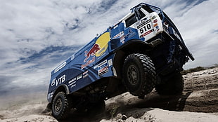 blue and white Red Bull monster truck, transport, car, Dakar Rally HD wallpaper