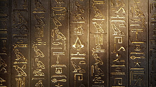 Egyptian engraved art, video games, Assassin's Creed, wall, hieroglyphs HD wallpaper