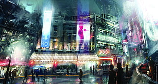 group of people surrounded by city buildings painting, cyberpunk, futuristic, street, neon