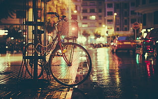 red step-through bicycle, street, urban, bicycle, car HD wallpaper