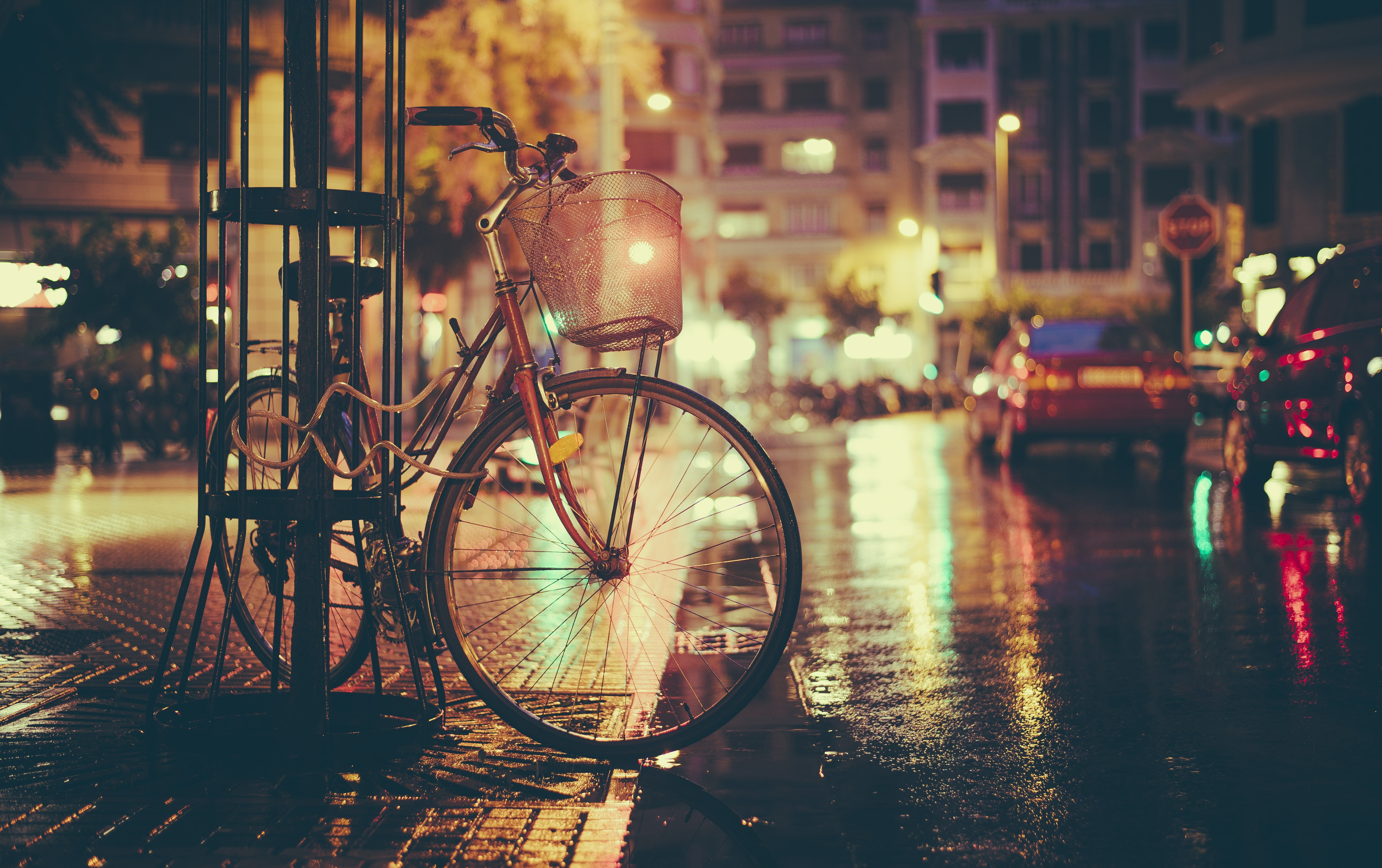 red step-through bicycle, street, urban, bicycle, car