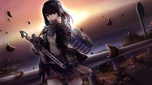 woman Anime character holding gun HD wallpaper