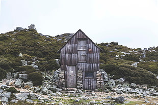 gray wooden shed near green grass field
