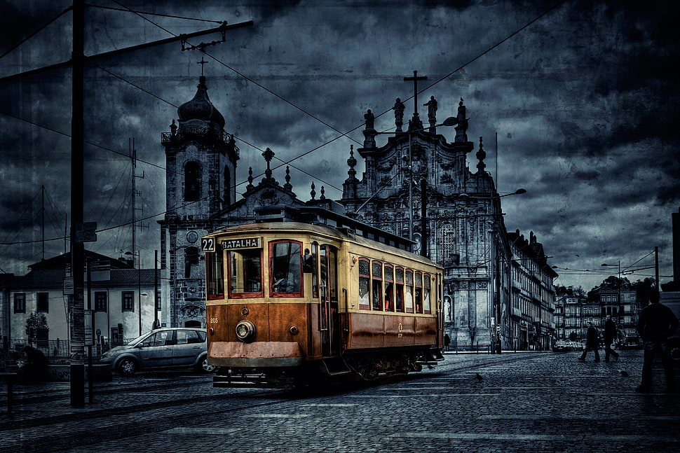 selective color photograph of yellow train, tram, digital art, city, HDR HD wallpaper