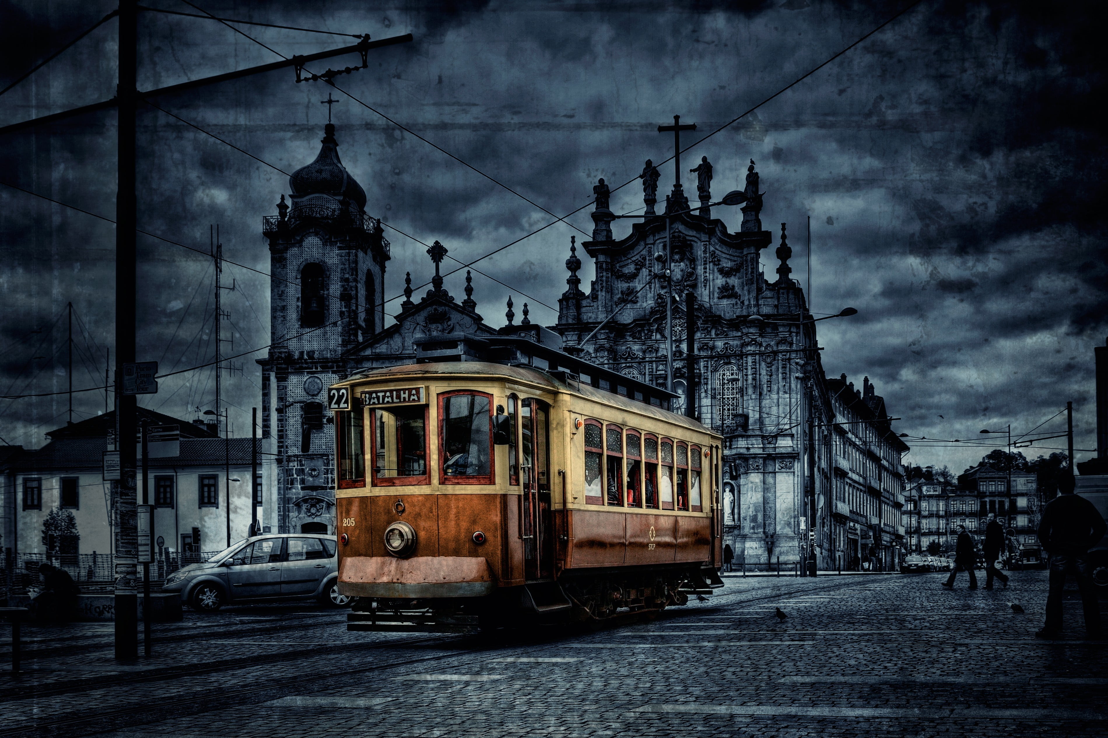 selective color photograph of yellow train, tram, digital art, city, HDR