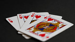 selective focus photography of four playing cards, cards, playing cards HD wallpaper
