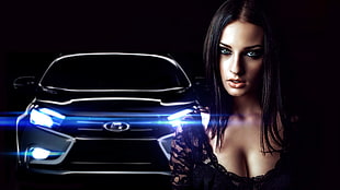 black Hyundai car, Alla Berger, LADA, Vesta, optical flares HD wallpaper