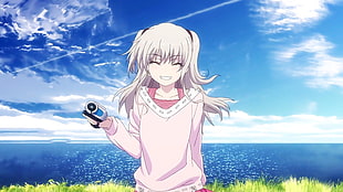 female white haired anime character holding camcorder