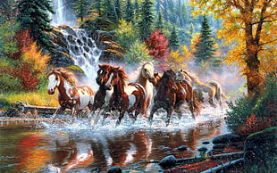 herd of horses running along waterfall painting, horse, fall, waterfall