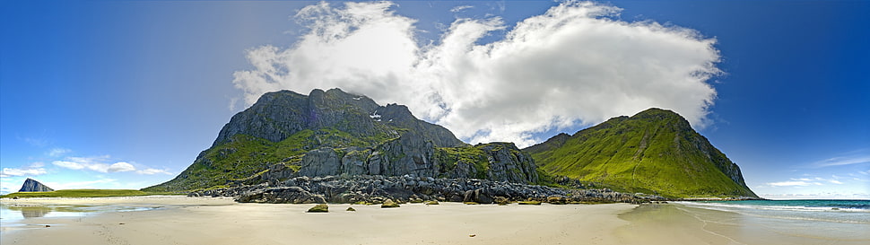 green mountain, island, beach, landscape HD wallpaper