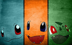 blue, orange, and green Pokemon charcter faces wall art