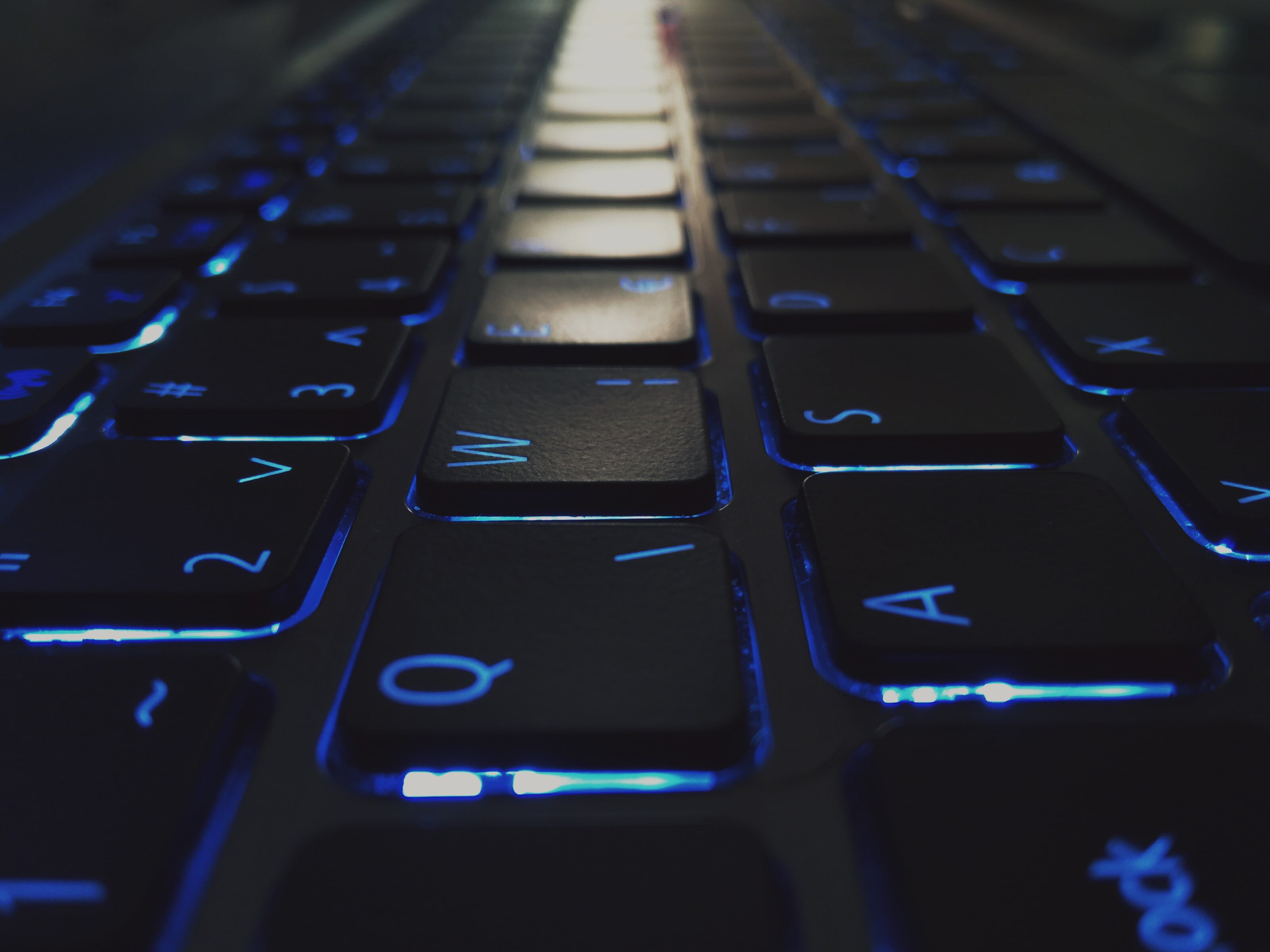 black and blue computer tower, keyboards, dark, laptop