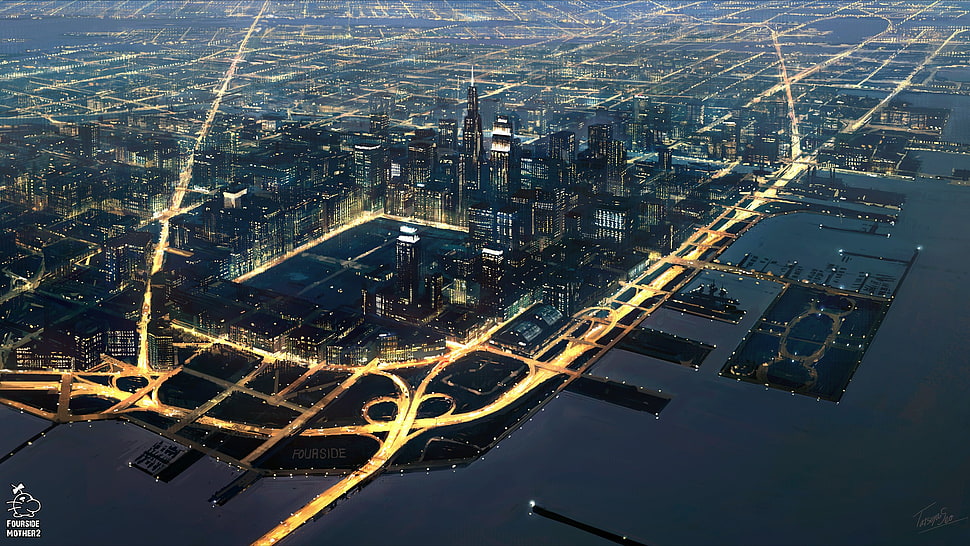 city buildings, cityscape, artwork, lights, skyscraper HD wallpaper