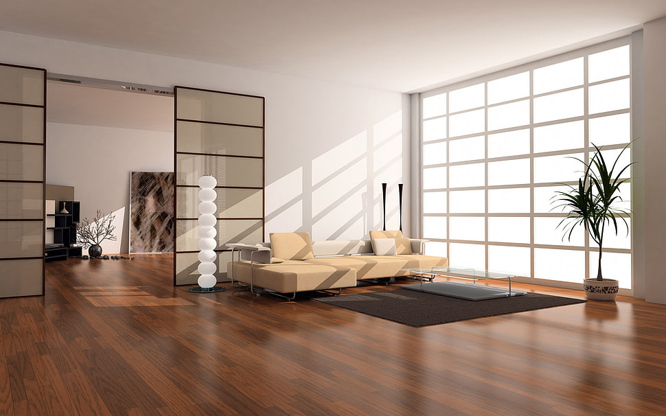 beige fabric padded sofa inside the room HD wallpaper