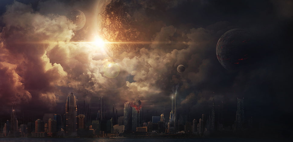 building under cloudy sky and planet digital wallpaper, digital art, eclipse  HD wallpaper