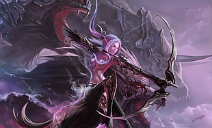 purple-haired female character digital wallpaper, fantasy art, archer