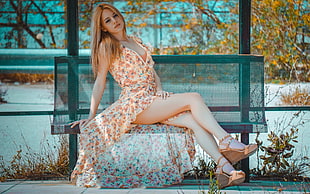women's white and orange floral low-high dress, women, legs, long hair, dress HD wallpaper